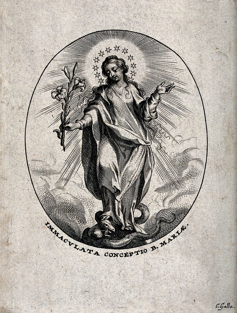 Saint Mary (the Blessed Virgin), as the Virgin Immaculate. Engraving by C. Galle, 16--.