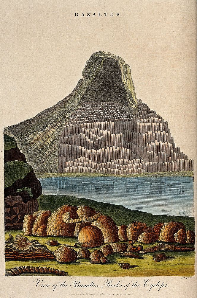 Basalt formations, described as rocks of the Cyclops. Coloured etching by J. Chapman, 1798.