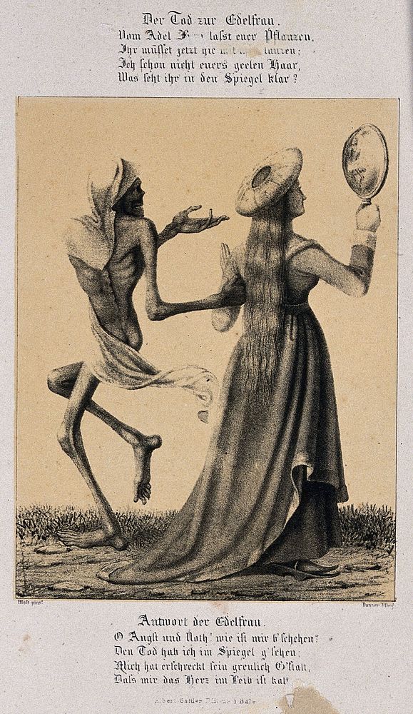 The dance of death at Basel: death and the lady. Lithograph by G. Danzer after H. Hess.
