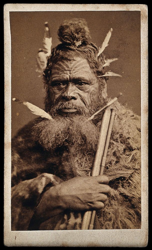 A Maori man with a tattoed face. Photograph, 18--.