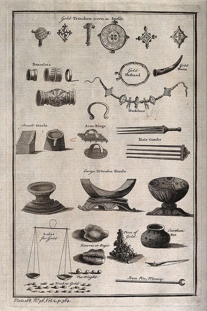 Various gold trinkets, pieces of gold jewelry, gold amulets, stools, gold nuggets and scales for measuring gold. Engraving.