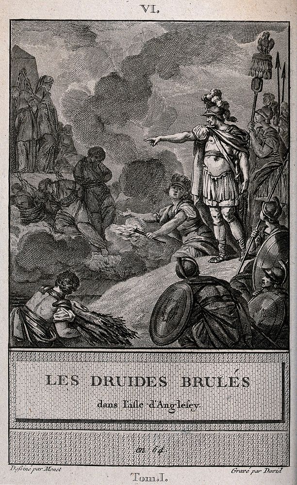 A Roman soldier is ordering the burning of the druids who are tied to a stake. Etching by F.A. David after C. Monnet.