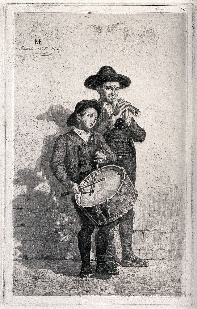 A man is playing a type of flute and a boy is playing a drum. Etching by J.J. Martínez Espinosa.