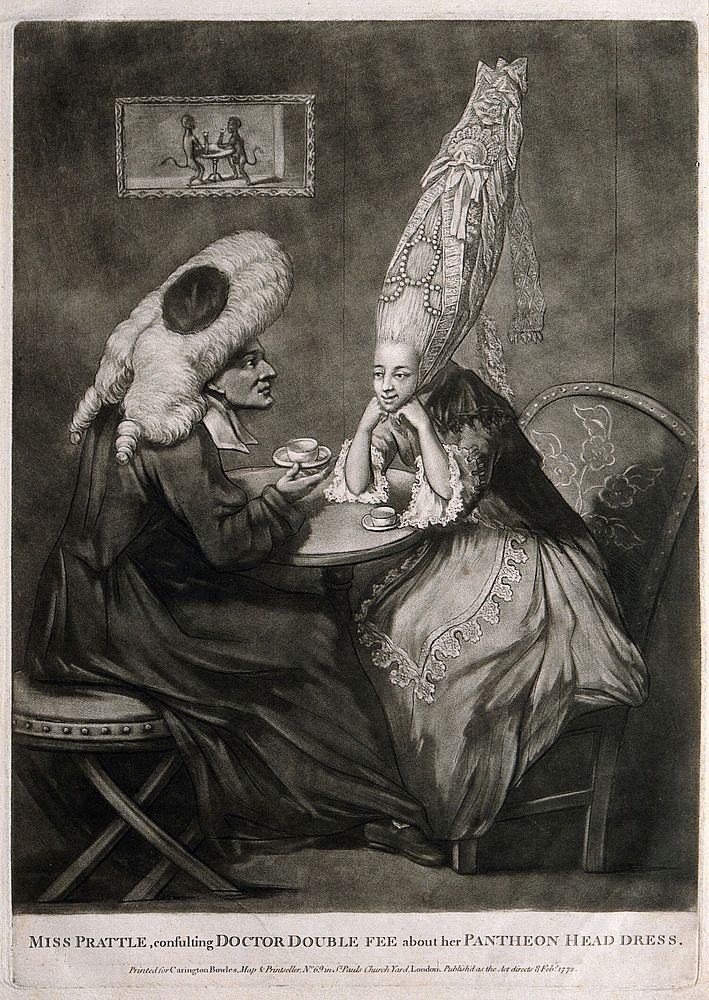 A woman wearing an extraordinarily high wig decorated with beads and lace, discusses her head-dress while taking tea with a…