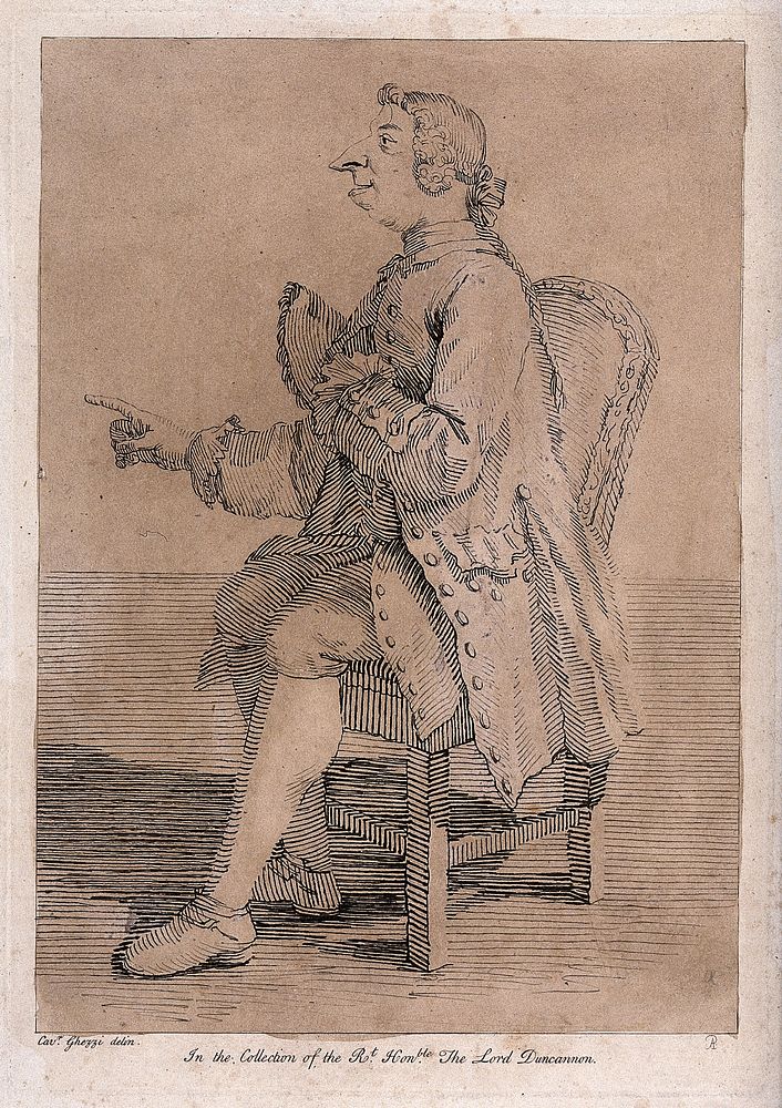 A man wearing a ribboned wig, sitting on a chair, pointing his finger. Etching by Arthur Pond after P.L. Ghezzi.