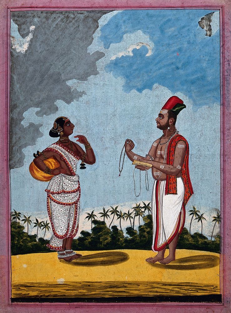 A Hindu priest offering a young woman some holy beads. Gouache drawing.