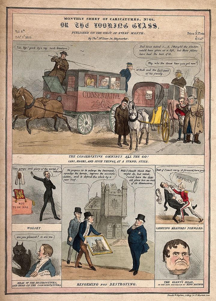 Vignettes of Peel's first ministry. Coloured lithograph, 1835.