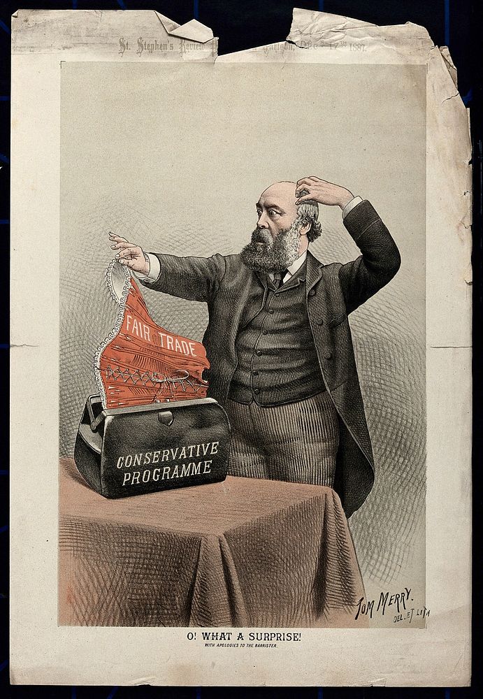 Lord Salisbury opens a briefcase representing the "Conservative programme" and finds inside a corset representing "Fair…