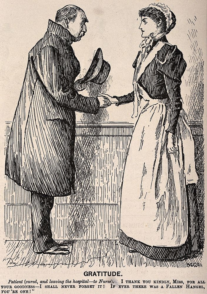 A cured patient thanking a nurse for all her kindness. Wood engraving by V & C after G. Du Maurier.