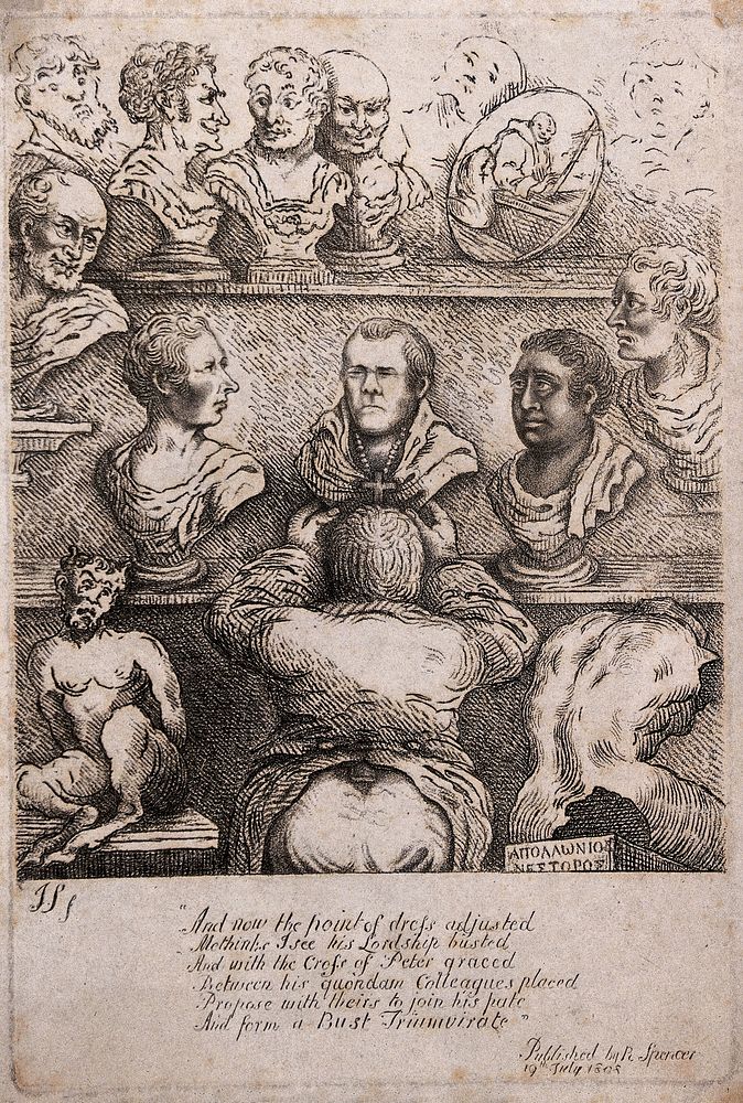Joseph Nollekens arranges a bust of William Wyndham Grenville, Baron Grenville, between busts of William Pitt the younger…