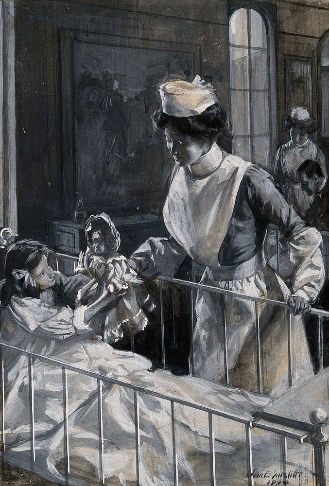 A nurse checking on a playful child. Watercolour drawing by J.E. Sutcliffe, 1904.
