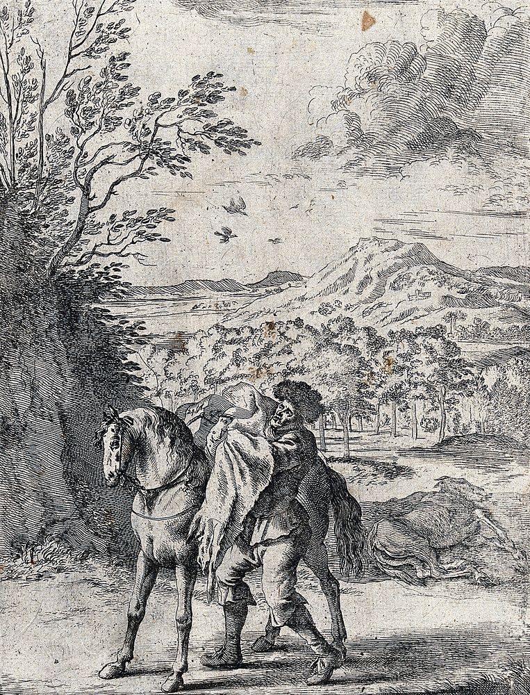 A man is packing coffers on to a horse while an ass is lying dead and flayed in the background; illustration of a fable.…