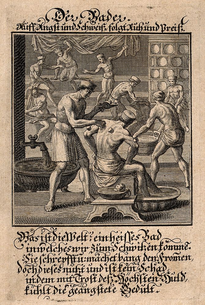 A bathing room attendant applying the method of cupping to a male customer in an active bathing house. Engraving by J.C.…