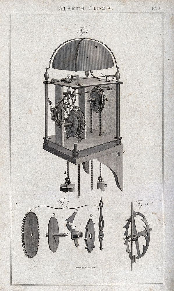 Clocks: the mechanism of an alarm clock. Engraving after J. Farey.