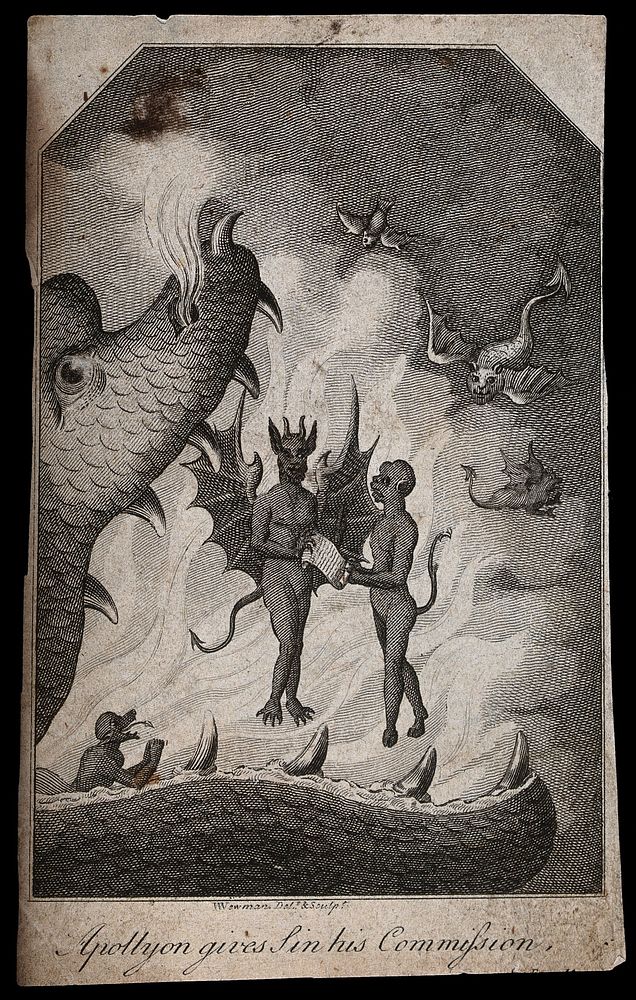 Standing within the jaws of Hell, Apollyon the angel of destruction hands his instructions to Sin. Engraving by W. Newman…