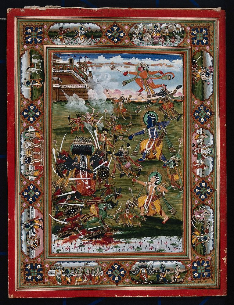 Vishnu in his incarnation as Ramachandra (blue figure) in battle with Ravana, the demon king of Lanka together with his…