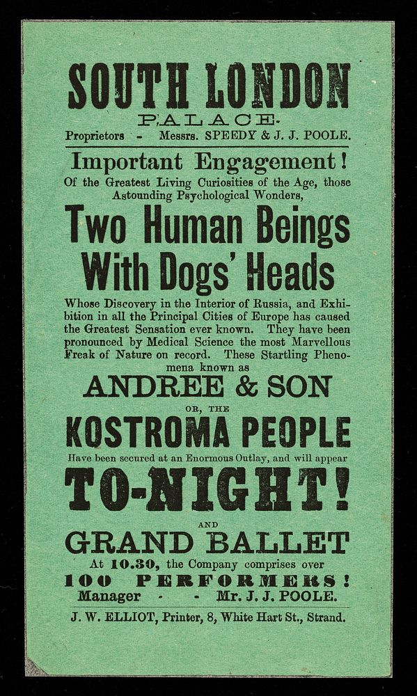[Undated handbill (1874) for an exhibition of Andree & Son, or the Kostroma people : "Two human beings with dogs' heads" at…