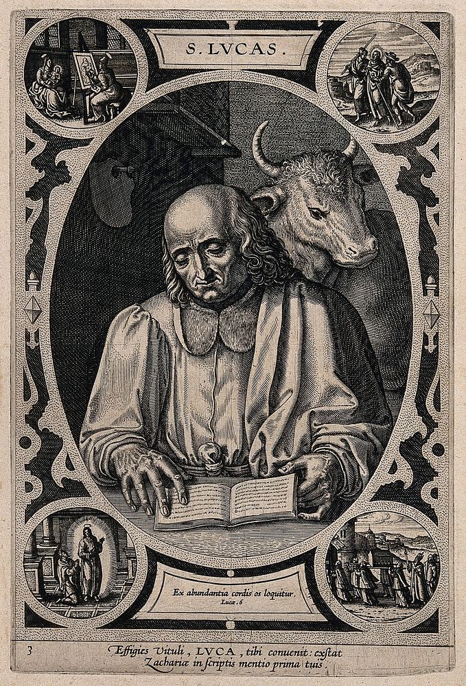 Saint Luke, reading an oblong book. Engraving.