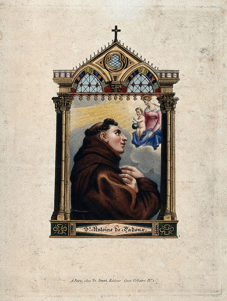 Saint Antony of Padua. Coloured stipple engraving.