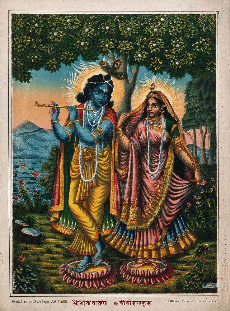 Radha and Krishna on separate lotuses. Chromolithograph.