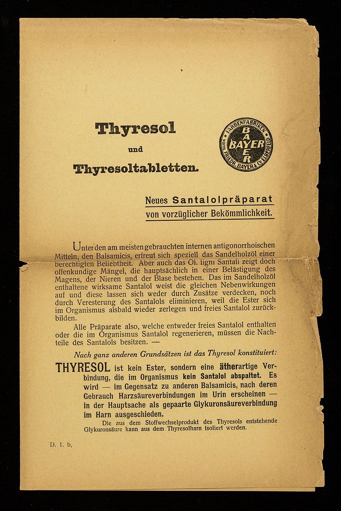 Thyresol und Thyresoltabletten : neues Santalolpräparat von vorzüglicher Bekömmlichkeit.
