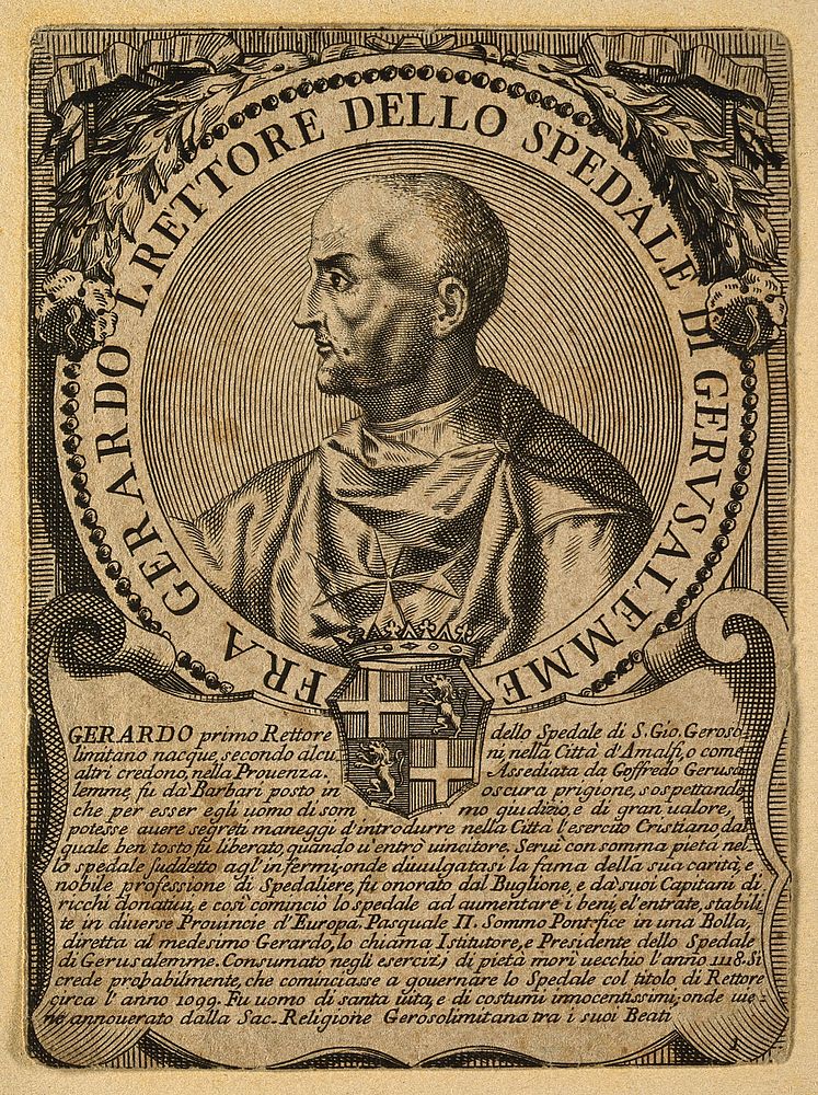 Fra Gerardo, founder of the Order of St John of Jerusalem. Line engraving.