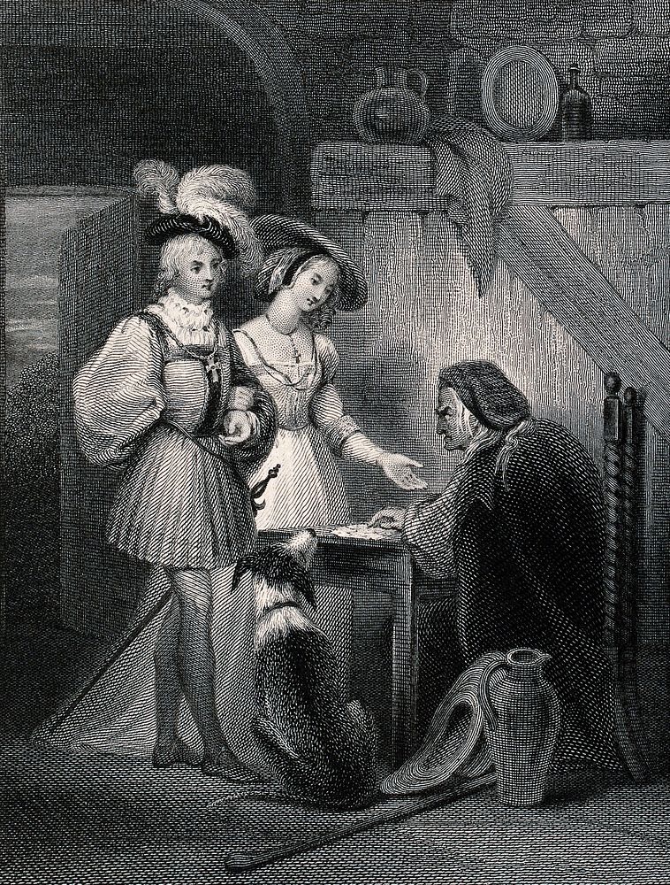 A young couple visit a fortune teller to have their future predicted. Engraving by Charles Rolls after Alfred Johannot.