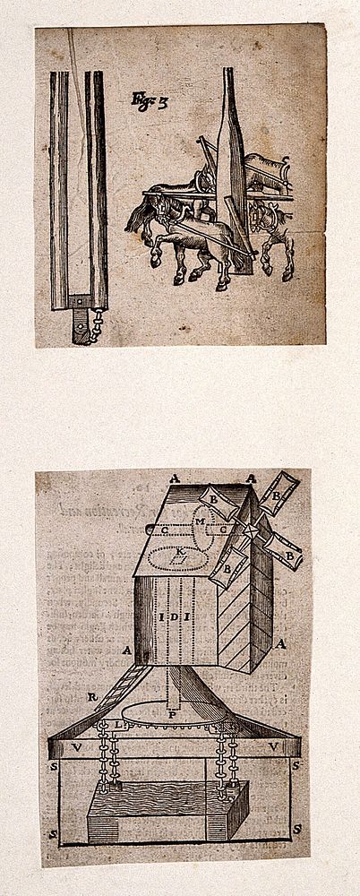Hydraulics: two devices. Woodcut, 1659.