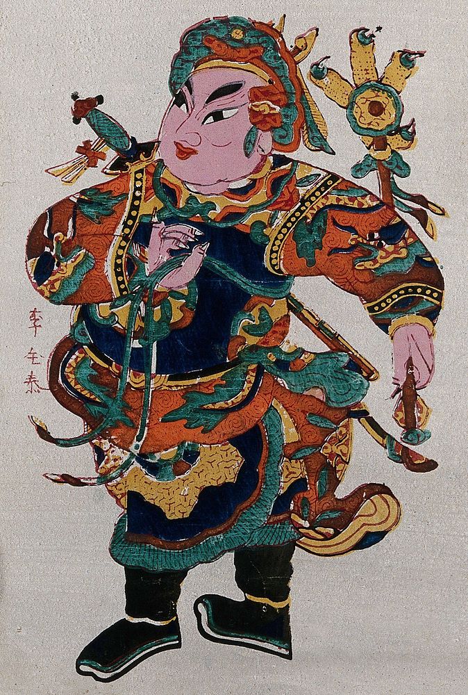 A Chinese warrior with mace in shape of an eagle's talon. Colour woodcut by a Chinese artist.