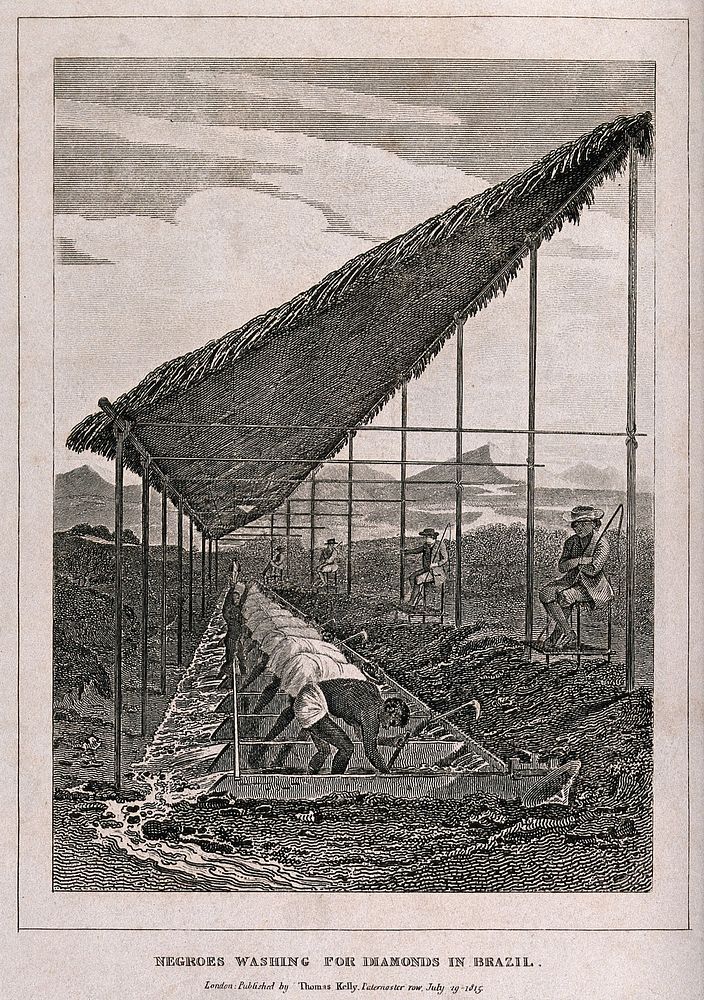 African workers washing for diamonds in Brazil. Etching after T. Webster after J. Mawe, 1815.