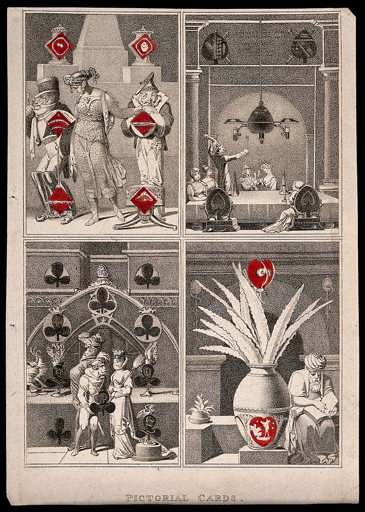 Pictorial cards bearing the symbols of each of the four suits. Coloured stipple engraving, 1818.