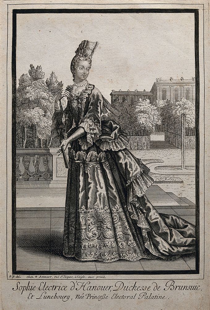 Sophia Electress of Hanover, mother of King George I; in a garden, holding a fan. Engraving after R.B., ca. 1690.