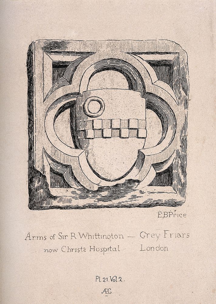 Christ's Hospital, London: a quatrefoil window with the armorial device of Richard Whittington. Etching by E. B. Price.