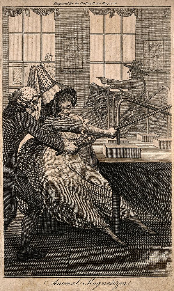 A quack doctor assisting a voluptuous female patient with group magnetic therapy. Etching by J. Barlow, c. 1792, after J.…