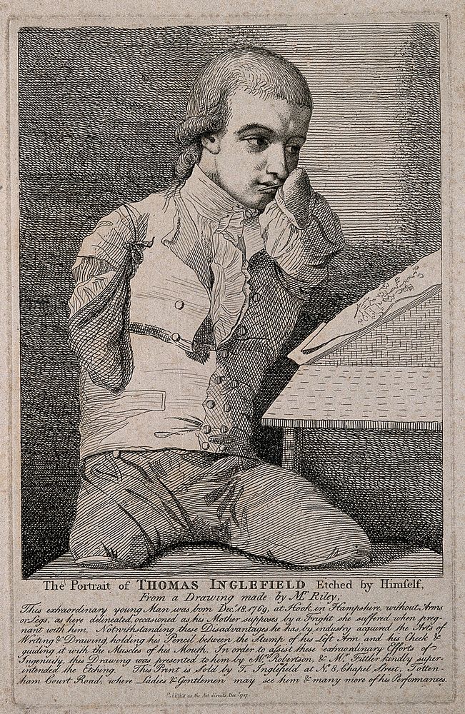 Thomas Inglefield, an artist born without limbs. Etching by T. Inglefield, 1787, after C.R. Ryley.