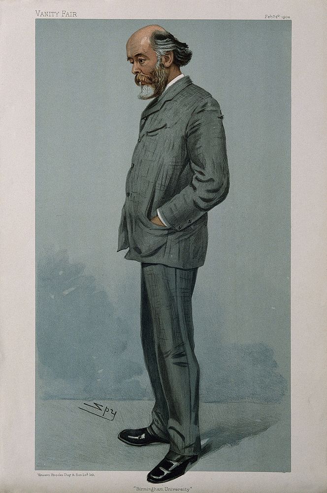 Sir Oliver Joseph Lodge. Colour lithograph by Sir L. Ward [Spy], 1904.