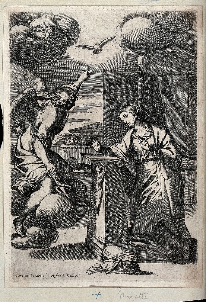 The Annunciation to the Virgin: the Virgin kneels at a prie-dieu, Gabriel points to the Holy Ghost in the form of a dove.…
