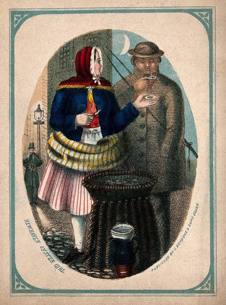 A girl is selling oysters to a customer in the street. Coloured lithograph.