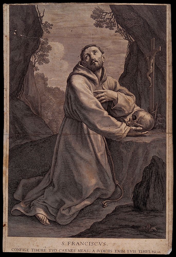 Saint Francis of Assisi in the wilderness, holding a skull, kneeling in front of a crucifix. Engraving by C. Bloemaert after…