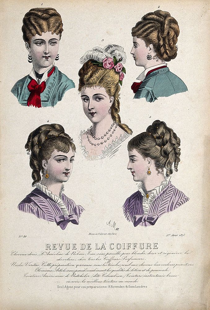 The heads and shoulders of five women with their hair combed back and dressed with chignons decorated with feathers, flowers…