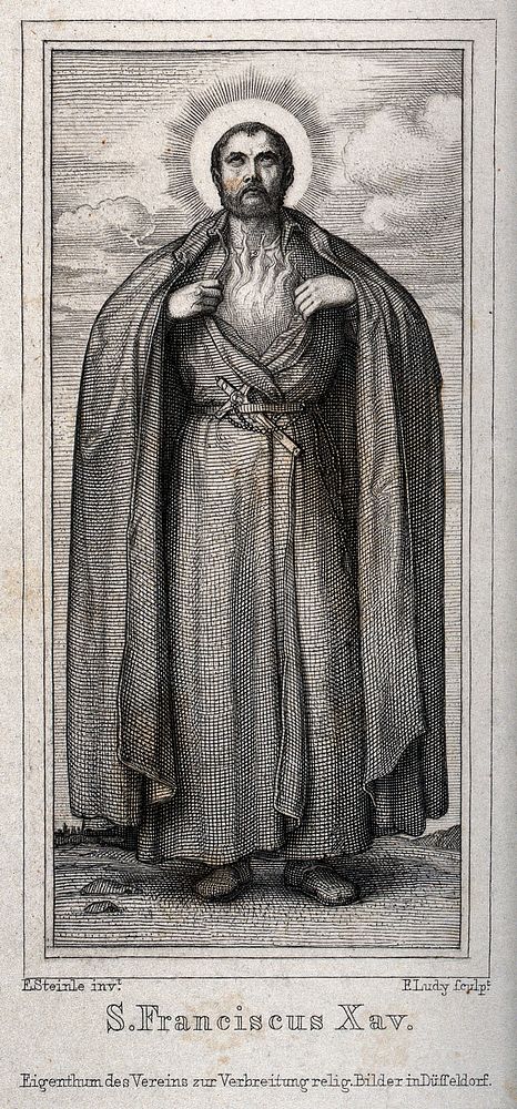 Saint Francis Xavier, looking upwards, showing fire in his chest. Engraving by F. Ludy after E. Steinle.