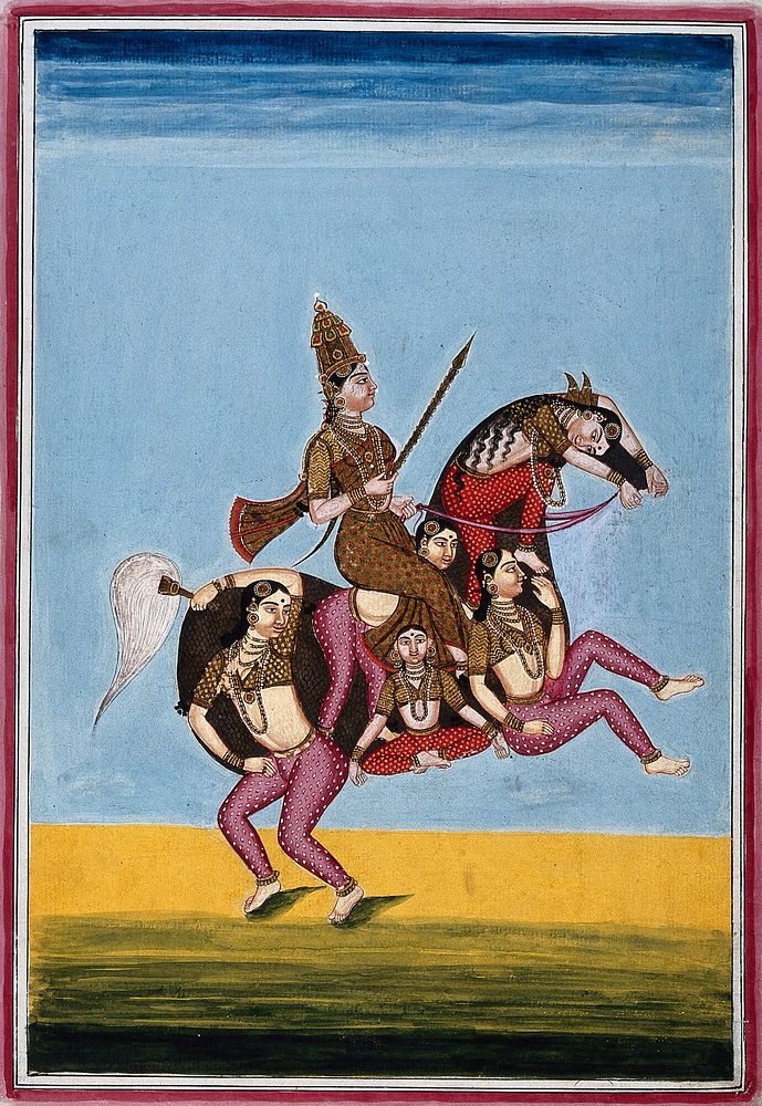 Girl acrobats forming the shape of a horse at the circus of Srīrangam. Gouache, 18--.