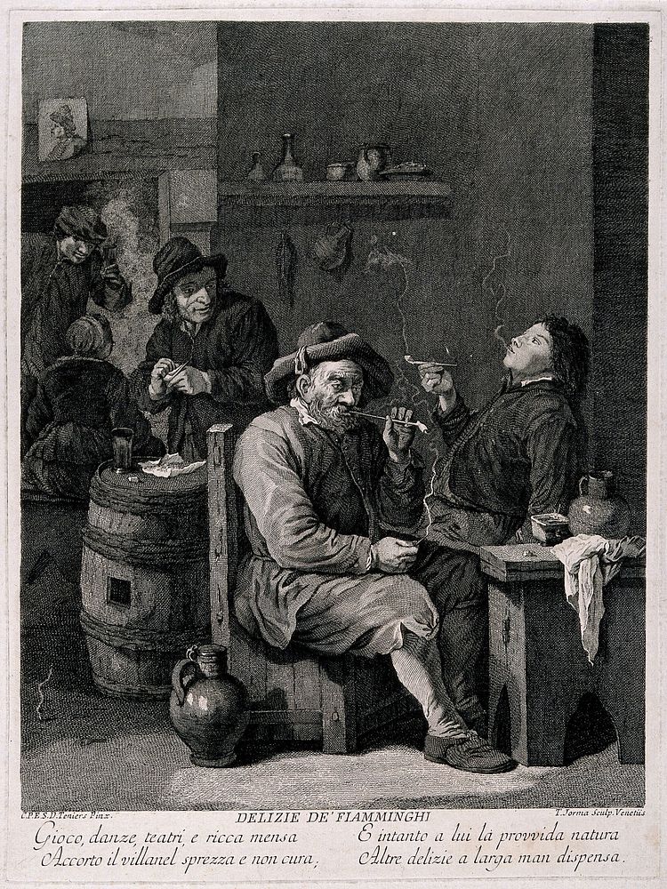 Five Flemish men, old and young alike, smoke and drink in a dingy smoke den. Engraving by T. Jorma (T. Major), 18th century…