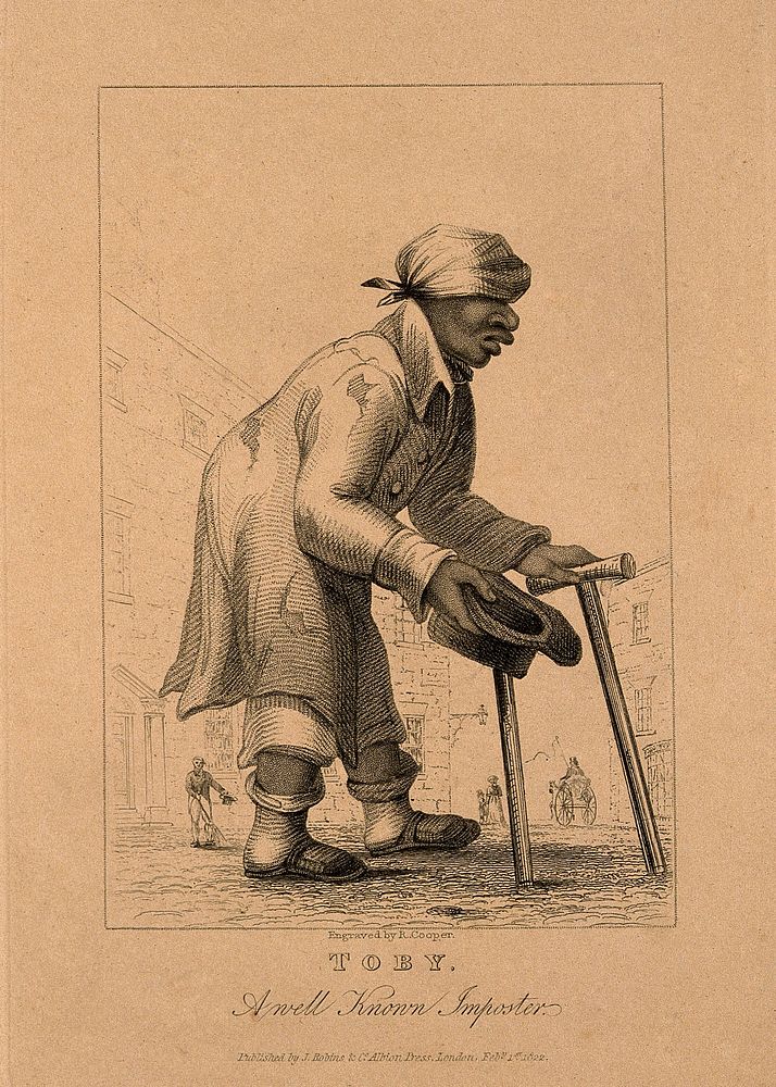 Toby, a beggar who pretended to be blind and lame. Engraving by R. Cooper, 1822.