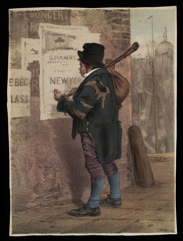 An Irishman looks at a poster advertising voyages to New York and resolves to emigrate. Coloured lithograph after E. Nicol…