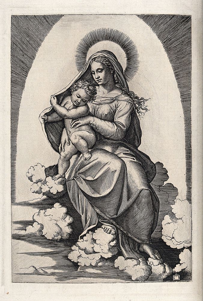 Saint Mary (the Blessed Virgin) with the Christ Child. Collotype  after Marcantonio Raimondi after Raphael.