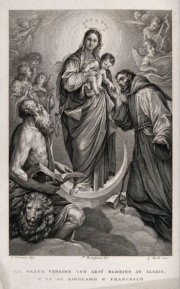 Saint Mary (the Blessed Virgin) with the Christ Child, Saint Jerome and Saint Francis of Assisi and angels. Engraving by G.…