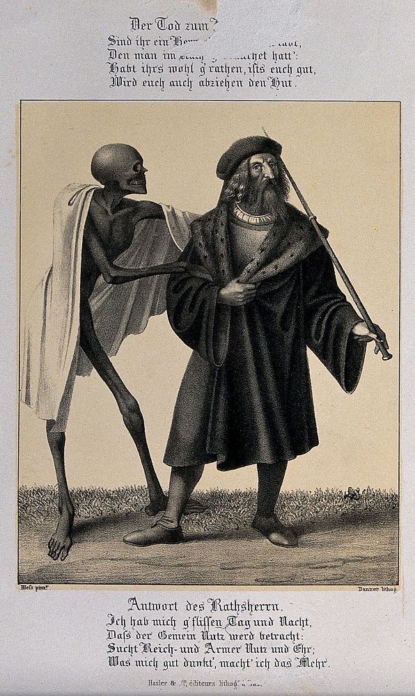 The dance of death at Basel: death and the alderman. Lithograph by G. Danzer after H. Hess.