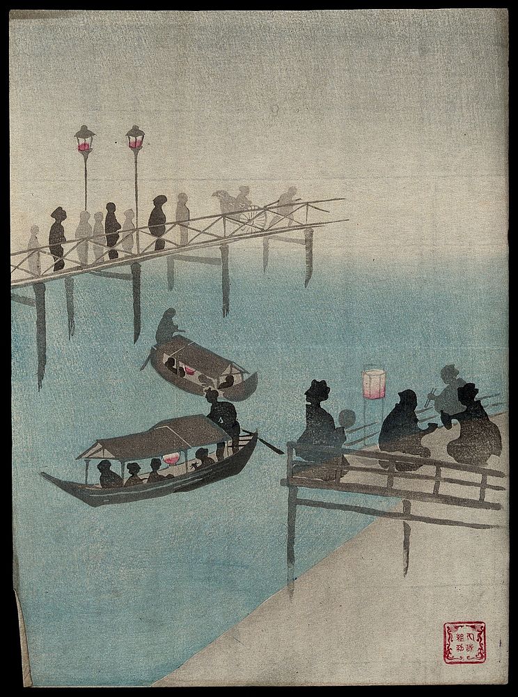 Leisure pursuits on a summer's evening on and about the river. Colour woodcut, ca. 1900.