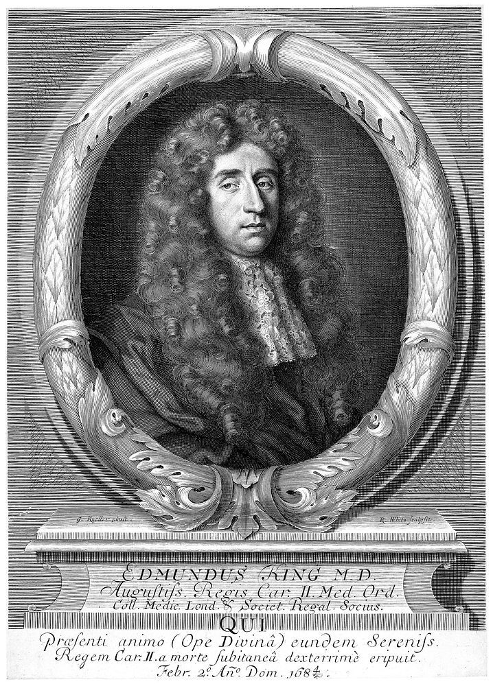 Sir Edmund King. Line engraving by R. White, 1684, after Sir G. Kneller.
